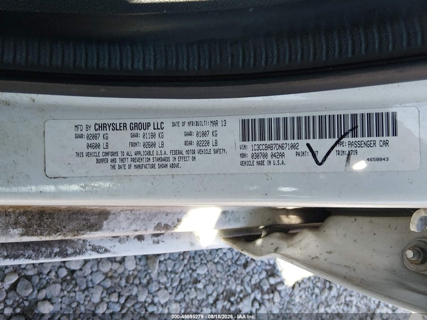 CHRYSLER 200 2013 VIN 1C3CCBAB7DN671002