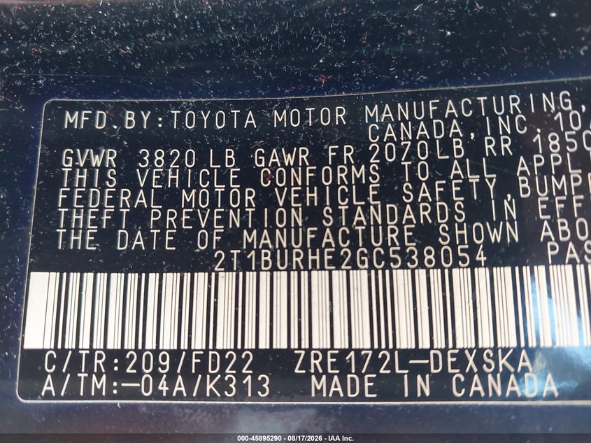 TOYOTA COROLLA 2016 VIN 2T1BURHE2GC538054