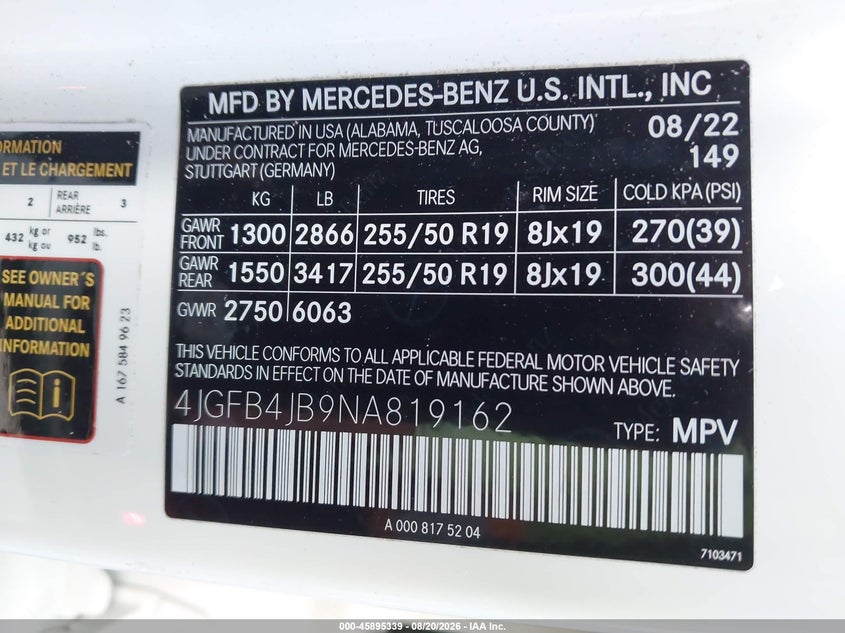 MERCEDES-BENZ GLE 350 2022 VIN 4JGFB4JB9NA819162