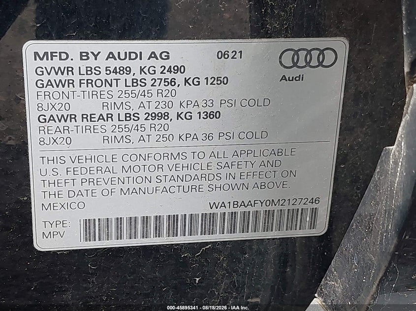 2021 AUDI Q5 SPORT UTILITY VEHICLE 2.0L I-4 DI, DOHC, VVT, TURBO, 261HP