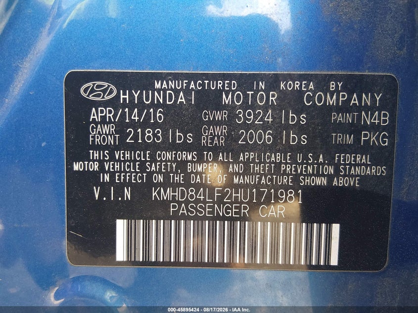 HYUNDAI ELANTRA 2017 VIN KMHD84LF2HU171981