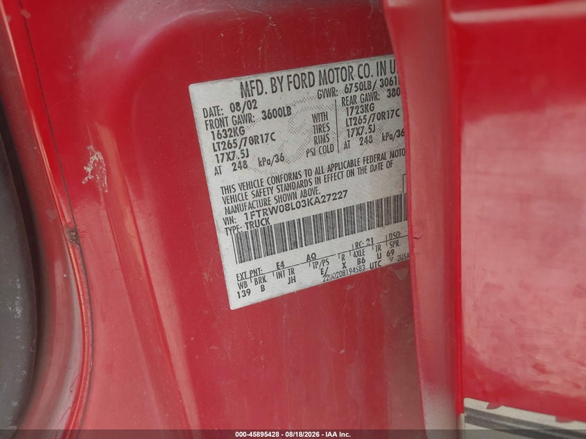 FORD F-150 2003 VIN 1FTRW08L03KA27227