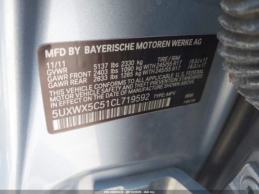BMW X3 2012 VIN 5UXWX5C51CL719592
