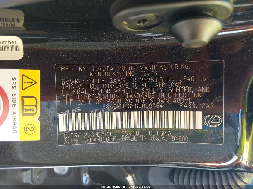 LEXUS ES 350 2016 VIN 58ABK1GG5GU009764