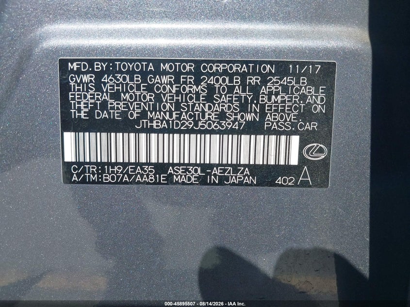 LEXUS IS 300 2018 VIN JTHBA1D29J5063947