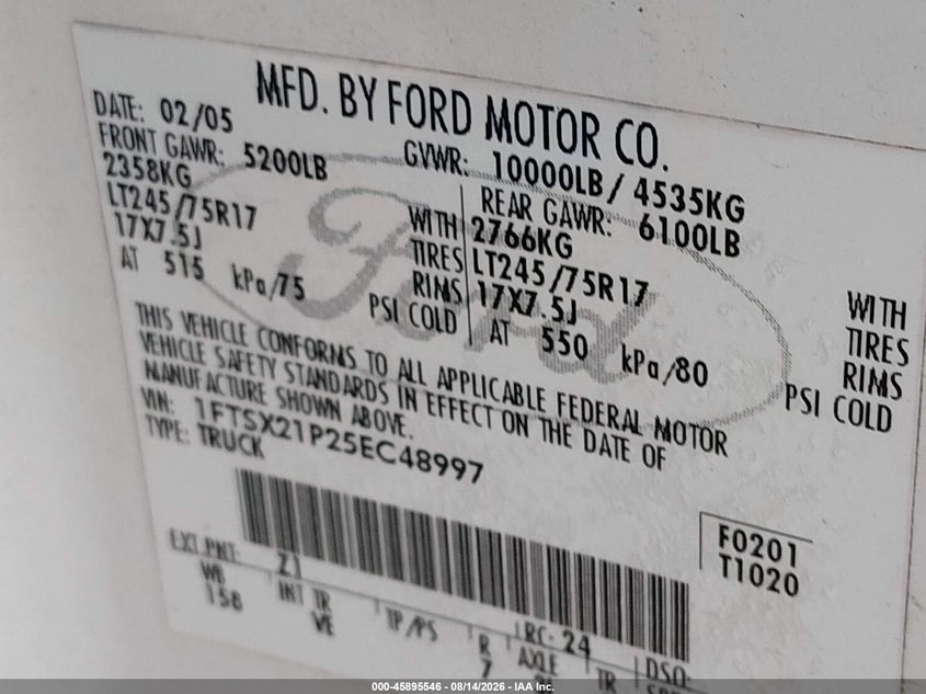 FORD F-250 2005 VIN 1FTSX21P25EC48997