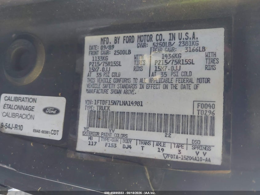 FORD F150 1990 VIN 1FTDF15N7LNA14981