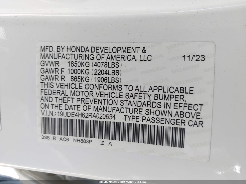 ACURA INTEGRA 2024 VIN 19UDE4H62RA020634
