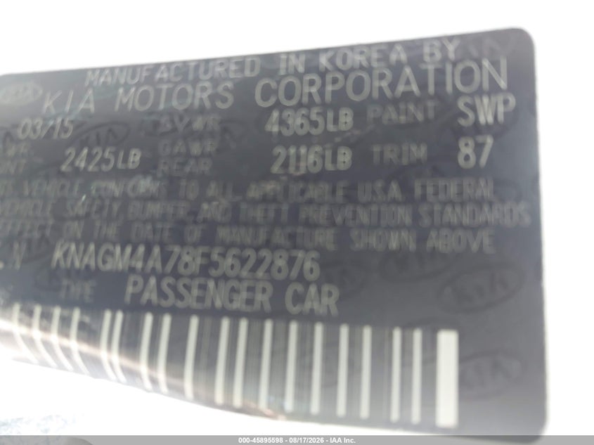 KIA OPTIMA 2015 VIN KNAGM4A78F5622876