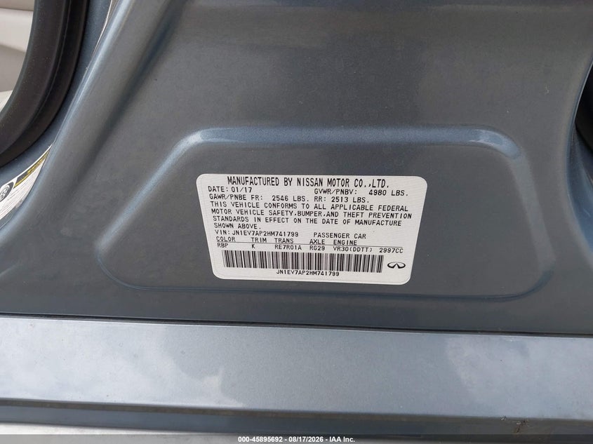 INFINITI Q50 2017 VIN JN1EV7AP2HM741799