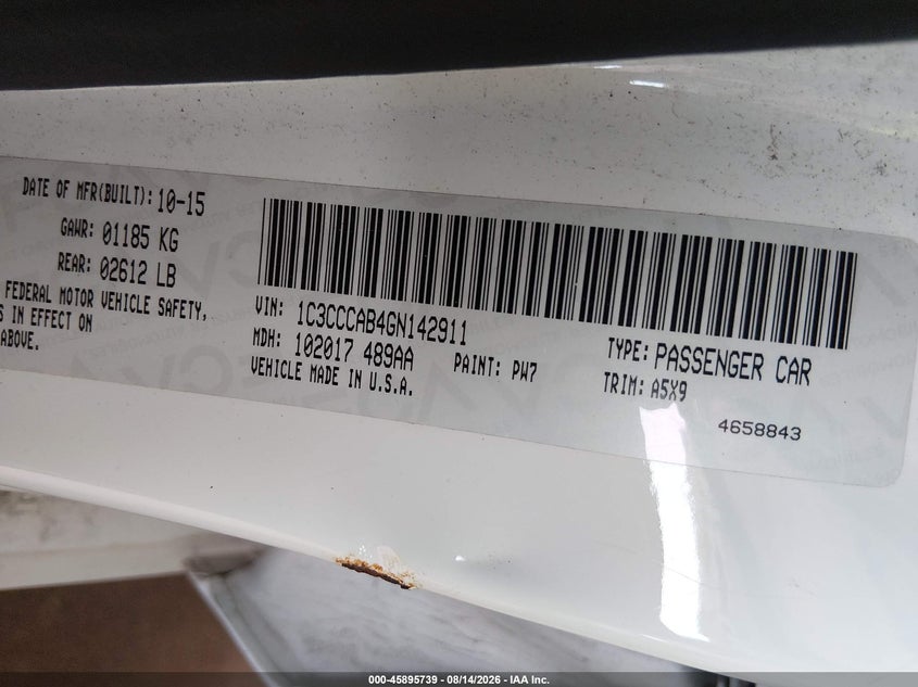 2016 CHRYSLER 200 SEDAN 2.4L I-4 VVT, 184HP