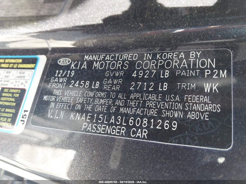 KIA STINGER 2020 VIN KNAE15LA3L6081269