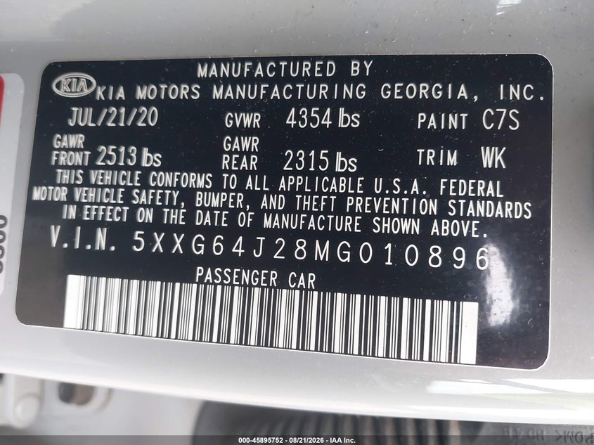 KIA K5 2021 VIN 5XXG64J28MG010896