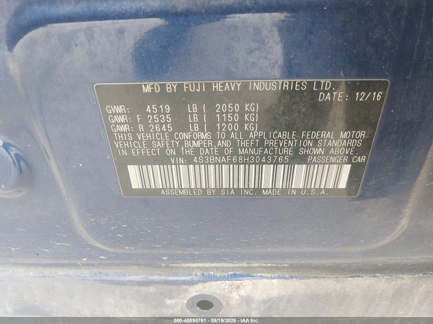 SUBARU LEGACY 2017 VIN 4S3BNAF68H3043765