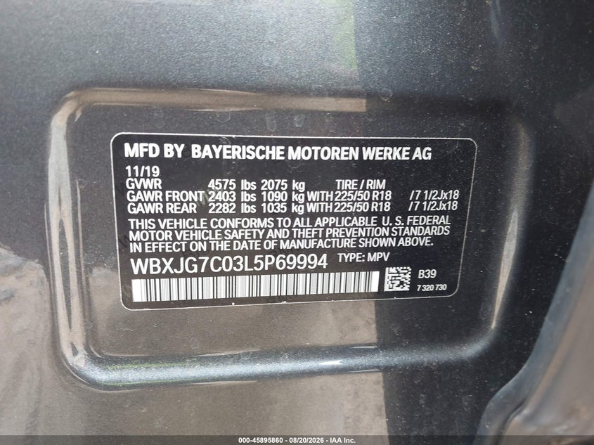BMW X1 2020 VIN WBXJG7C03L5P69994
