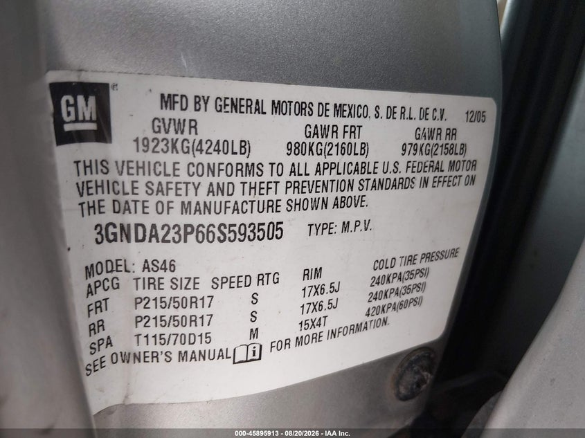 CHEVROLET HHR 2006 VIN 3GNDA23P66S593505