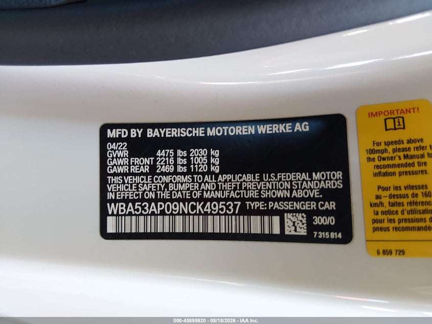 BMW 430I 2022 VIN WBA53AP09NCK49537