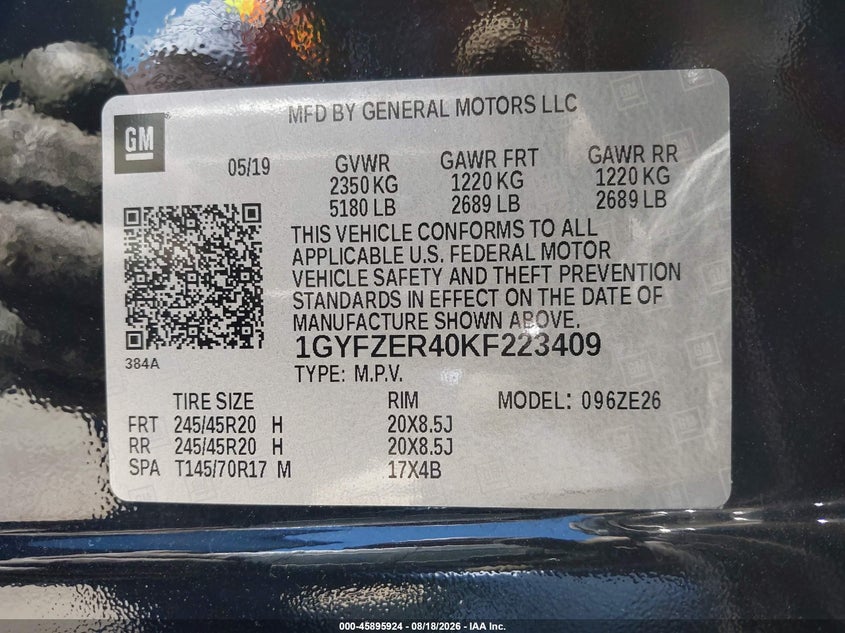 CADILLAC XT4 2019 VIN 1GYFZER40KF223409