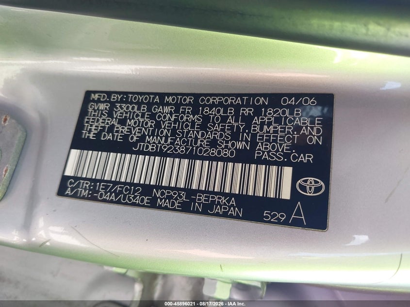 TOYOTA YARIS 2007 VIN JTDBT923871028080