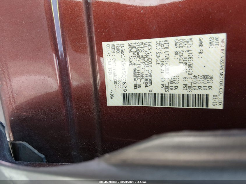 NISSAN TITAN XD 2016 VIN 1N6BA1F25GN507829