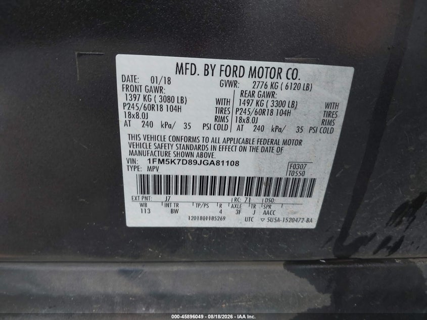 FORD EXPLORER 2018 VIN 1FM5K7D89JGA81108