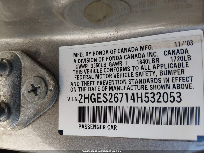 2004 HONDA CIVIC SEDAN 1.7L I-4 VVT, 127HP