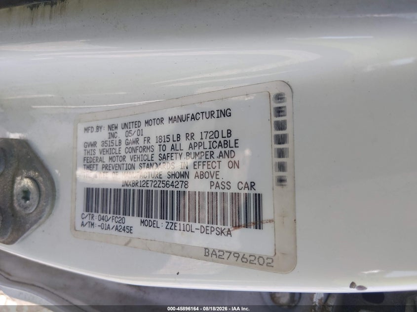 2002 TOYOTA COROLLA SEDAN 1.8L I-4 DOHC, VVT, 125HP