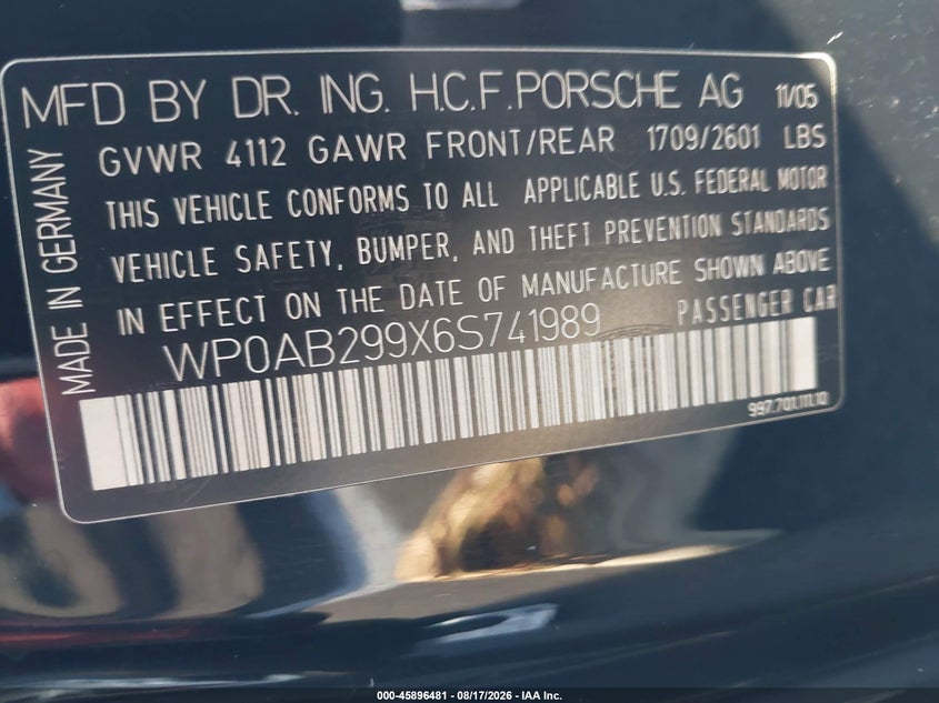 PORSCHE 911 2006 VIN WP0AB299X6S741989