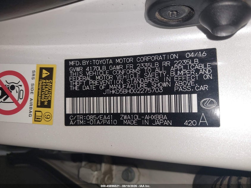 LEXUS CT 200H 2016 VIN JTHKD5BH0G2275703