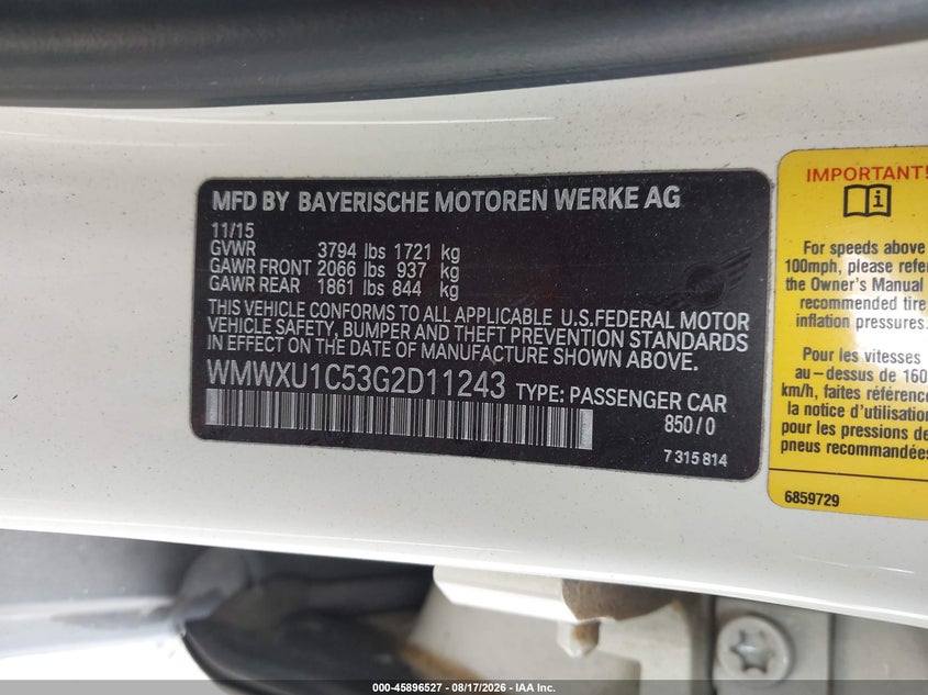 MINI HARDTOP 2016 VIN WMWXU1C53G2D11243