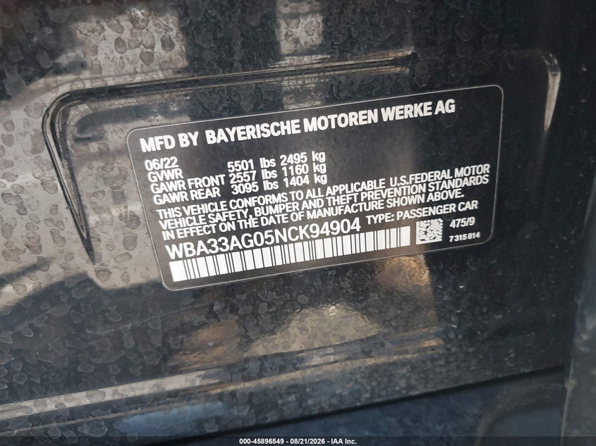 BMW 530E 2022 VIN WBA33AG05NCK94904