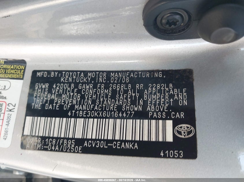 TOYOTA CAMRY 2006 VIN 4T1BE30KX6U164477