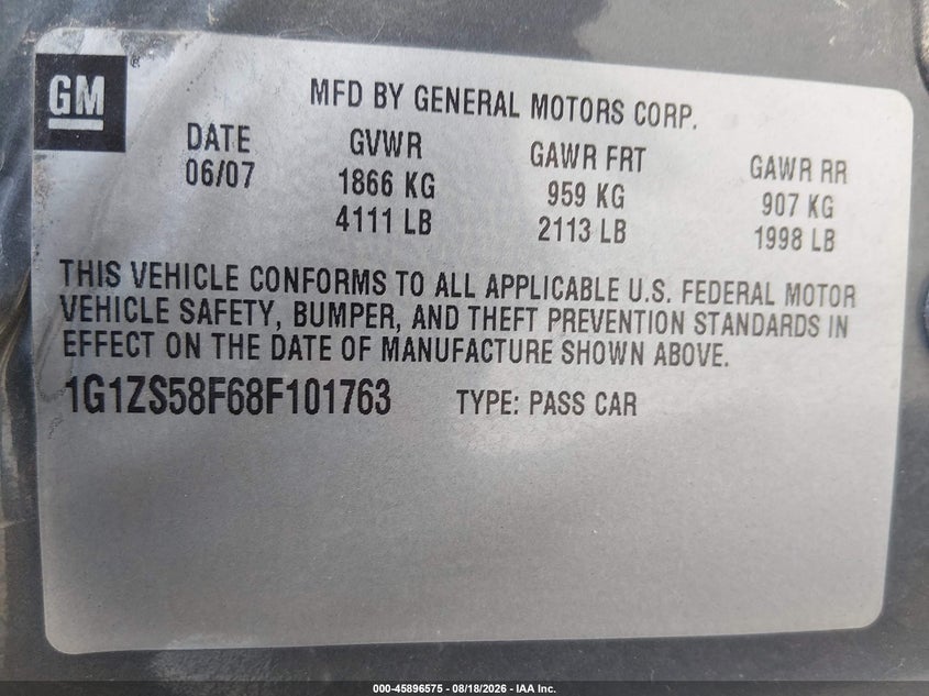 CHEVROLET MALIBU CLASSIC 2008 VIN 1G1ZS58F68F101763