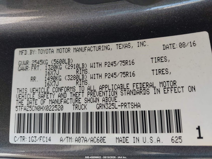 TOYOTA TACOMA 2017 VIN 5TFAZ5CN0HX022520