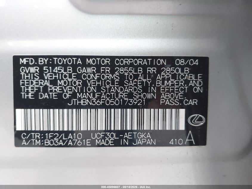 LEXUS LS 430 2005 VIN JTHBN36F050173921