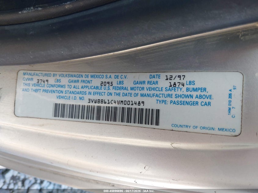 VOLKSWAGEN NEW BEETLE 1998 VIN 3VWBB61C4WM001489