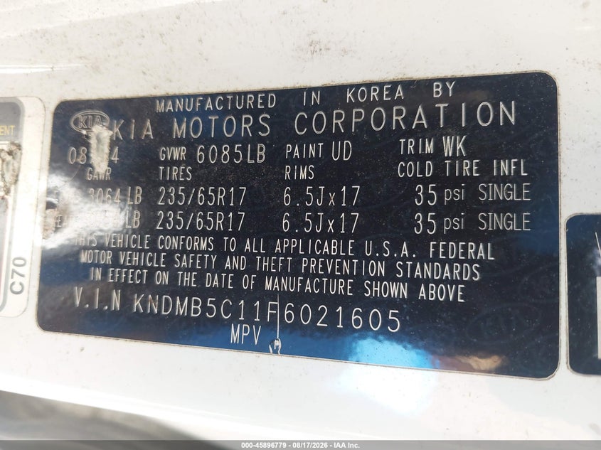 KIA SEDONA 2015 VIN KNDMB5C11F6021605