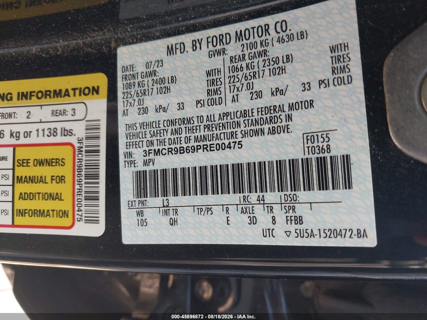 FORD BRONCO SPORT 2023 VIN 3FMCR9B69PRE00475