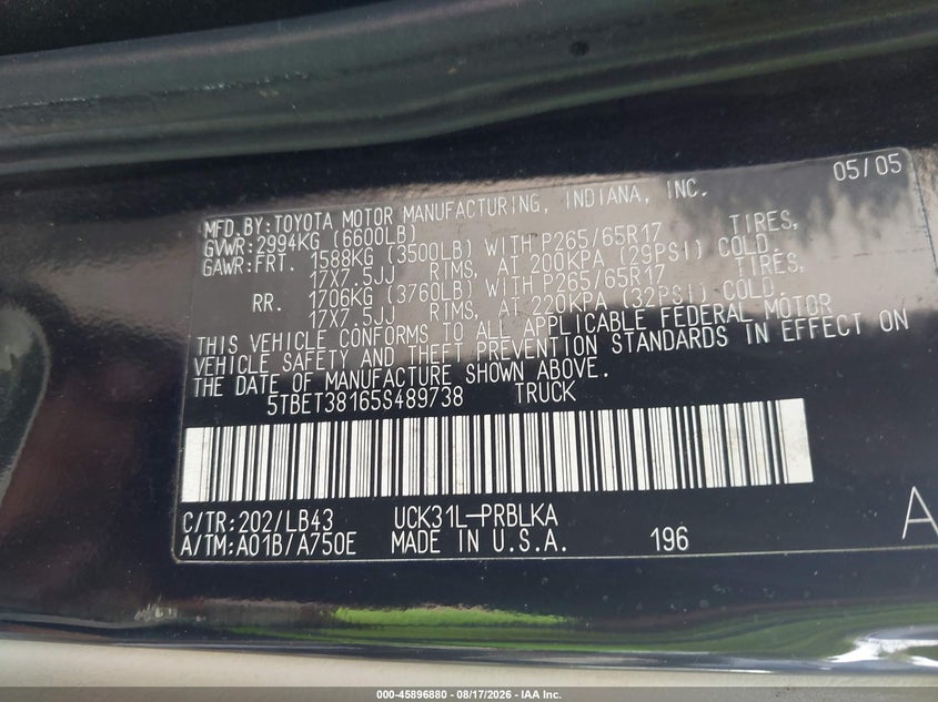 TOYOTA TUNDRA 2005 VIN 5TBET38165S489738