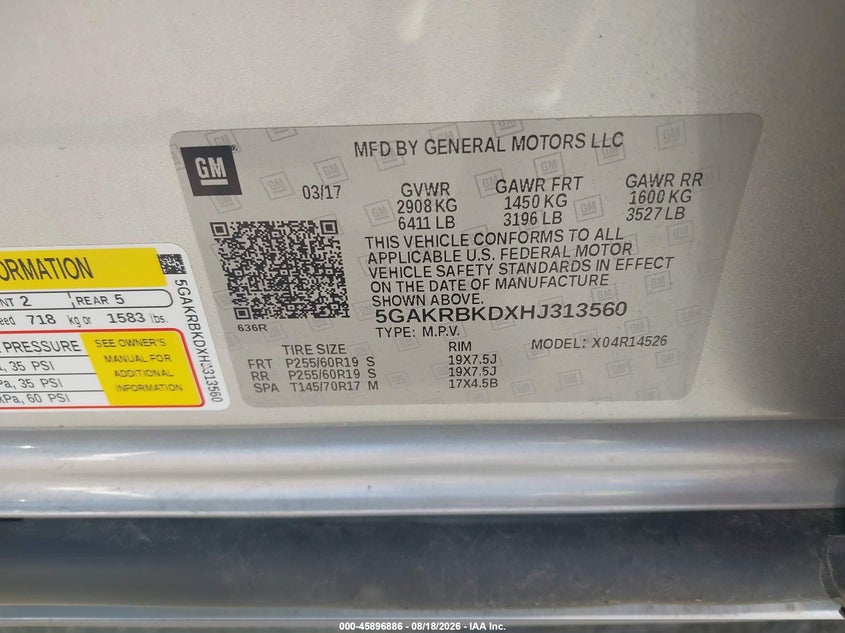 BUICK ENCLAVE 2017 VIN 5GAKRBKDXHJ313560