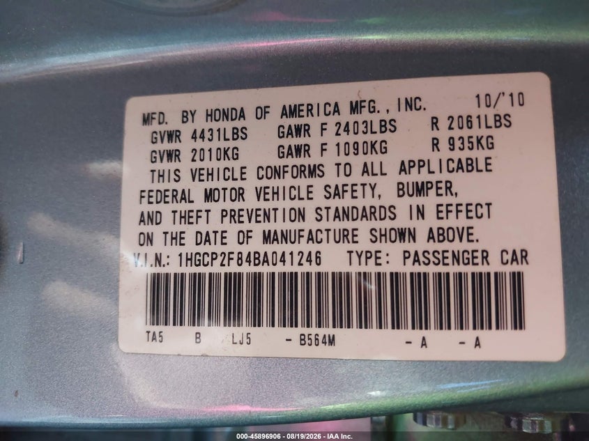 2011 HONDA ACCORD SEDAN 2.4L I-4 DOHC, VVT, 190HP