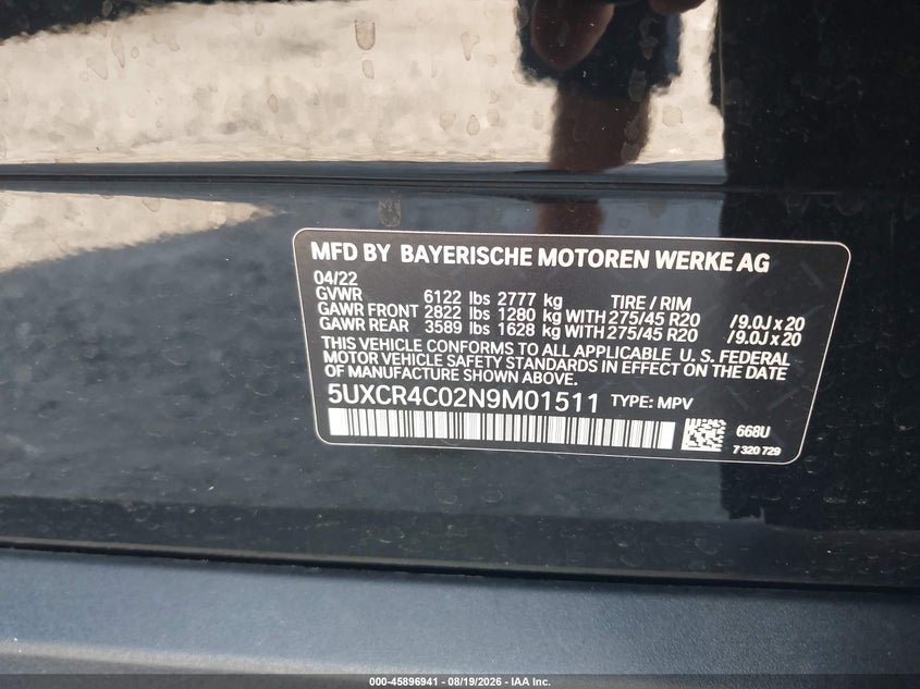 BMW X5 2022 VIN 5UXCR4C02N9M01511