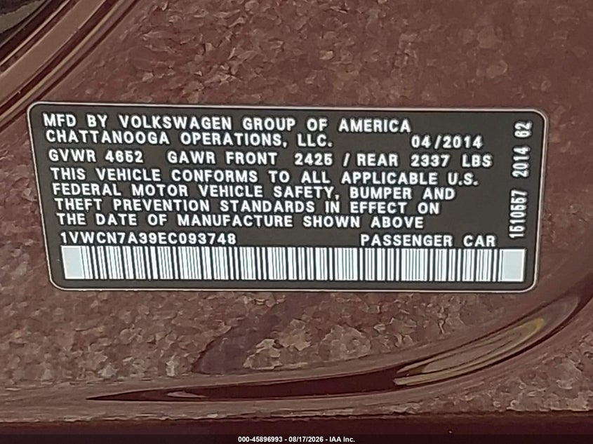 2014 VOLKSWAGEN PASSAT SEDAN 2.0L I-4 DI, DOHC, TURBO, 140HP