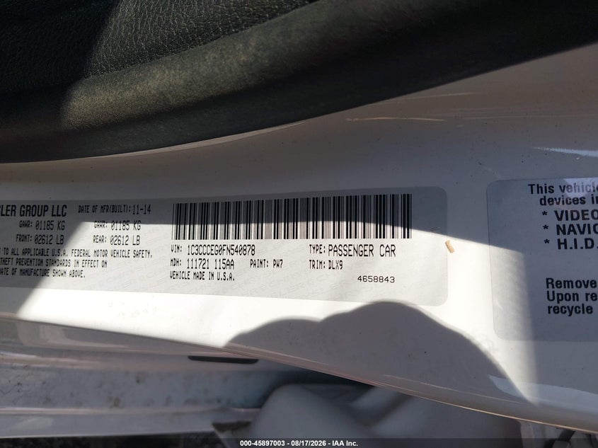 CHRYSLER 200 2015 VIN 1C3CCCEG0FN540878