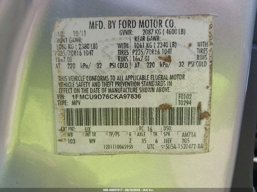 FORD ESCAPE 2012 VIN 1FMCU9D76CKA97836