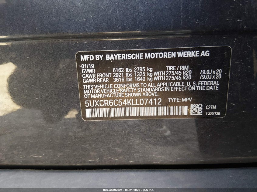BMW X5 2019 VIN 5UXCR6C54KLL07412