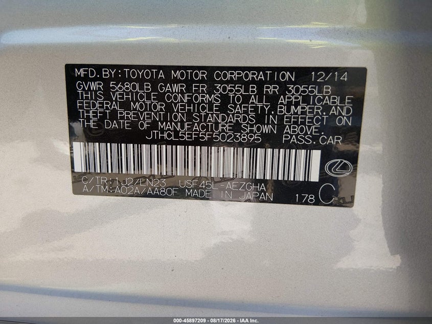 LEXUS LS 460 2015 VIN JTHCL5EF5F5023895