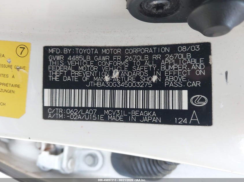 LEXUS ES 330 2004 VIN JTHBA30G345003275