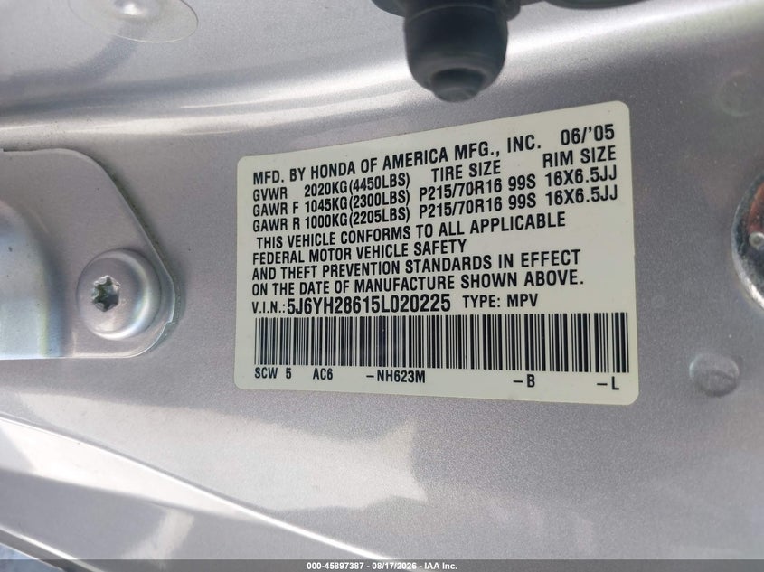 HONDA ELEMENT 2005 VIN 5J6YH28615L020225