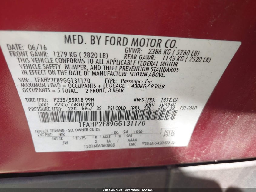 2016 FORD TAURUS SEDAN 3.5L V-6 DOHC, VVT, 288HP